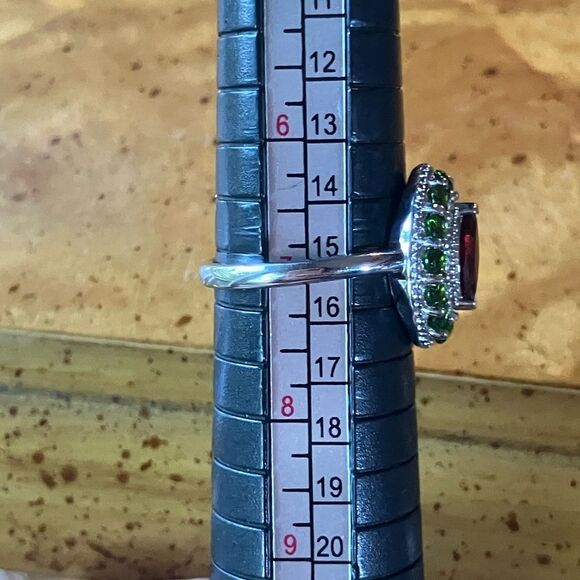 Natural Red Garnet Chrome Diopside Sterling Silver Halo Ring Size 7 - Picture 8 of 9